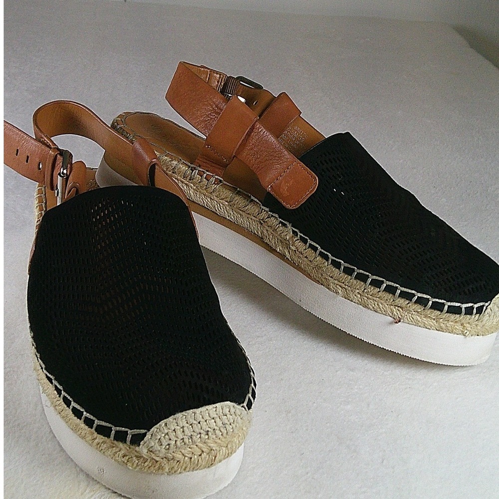 Vince Camuto Brettal Black Perforated Leather Espadrille Platform Sandals 8.5M
